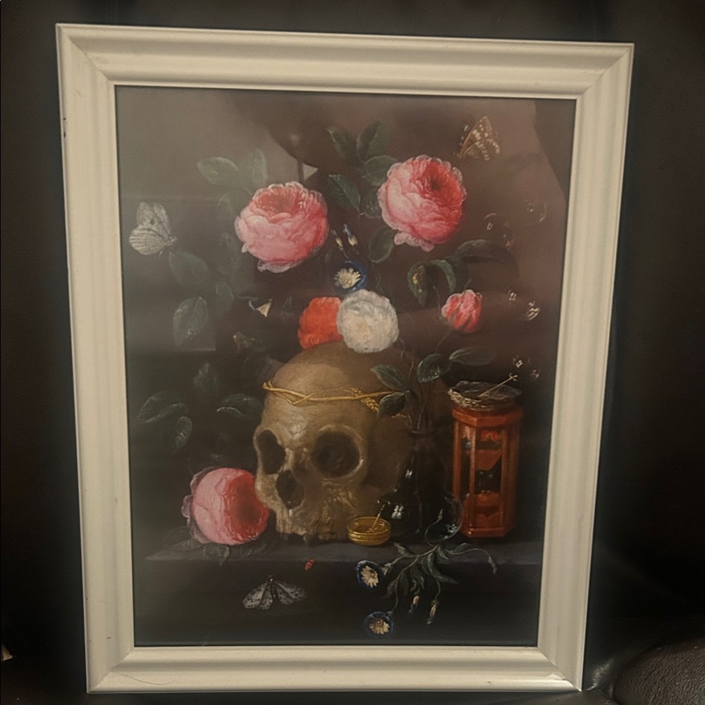 Floral Skull Art Print in White Frame 12x16